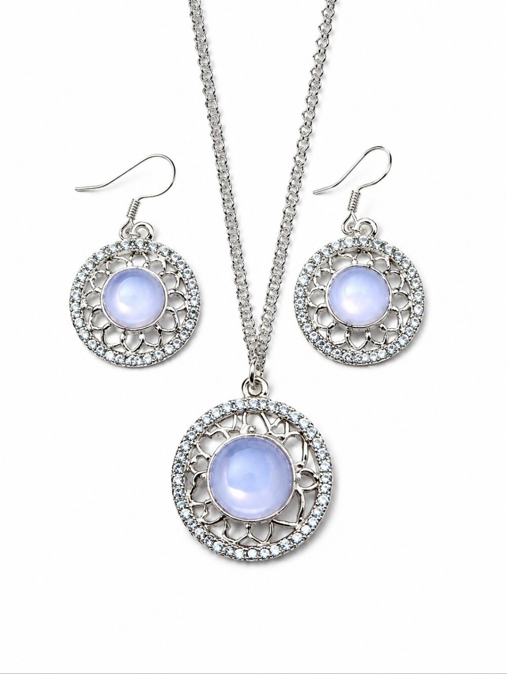 Silver Tone Lavender Blue Cabochon Rhinestone Necklace & Earrings Jewelry Set
